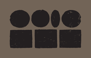 Poster - Abstract graphic design featuring a row of three textured black squares and a row of three textured black circles one of which is shown in profile against a neutral taupe background