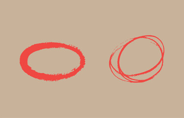 Poster - Two hand drawn red oval shapes with a textured brush stroke effect on a neutral beige background abstract graphic elements