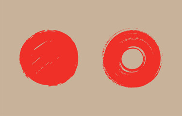 Poster - Two abstract red brush stroke circles one solid and one with a hollow center are placed on a neutral beige background