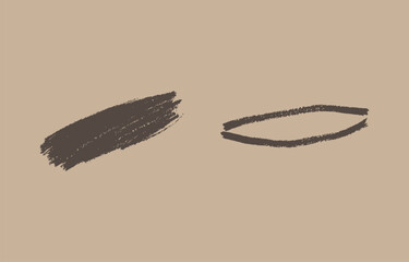 Poster - Two abstract brush stroke marks one a diagonal smear and the other a curved line rendered in a dark brown on a light beige background