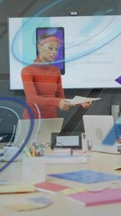 Poster - Animation of loading circles, graphs, globe over diverse coworkers discussing about cellphone design