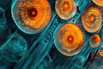 Wall Mural - Abstract microscopic image showcasing vibrant orange and teal concentric circles, resembling a mesmerizing cellular structure.