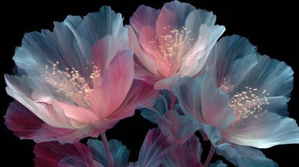 Fototapete - Three vibrant flowers display soft petals with a blend of pink and blue hues. The delicate petals capture light beautifully, creating a stunning contrast against the dark background.