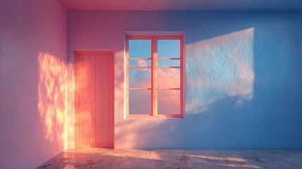 Poster - Soft pink and blue hues fill the room as sunlight streams through a window, creating beautiful shadows on the walls. The atmosphere is serene and inviting during golden hour.