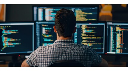 Software developer working on multiple monitors, coding, programming, IT professional