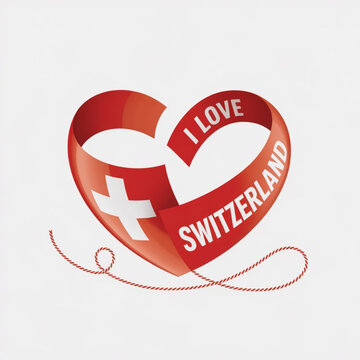 Swiss flag heart with cord string, text I Love Switzerland, vector illustration on white background.
