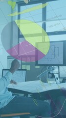 Poster - Animation of statistics and data processing over african american businessman using computer