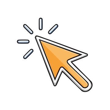 Orange computer cursor illustration clicking with light beams on black background for website design or UI element with clean vector style