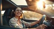 © Volgastudio - Joyful Drive: Smiling Woman in Car on Sunny Day
