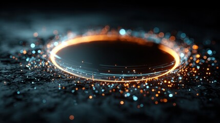 Fototapete - A mesmerizing circular glow radiates with vibrant orange and blue colors, surrounded by sparkling particles against a dark textured background, evoking a sense of depth and energy.