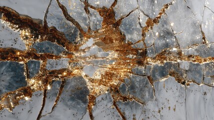Poster - A captivating display of abstract art showcases intricate gold cracks radiating from a central point on a reflective surface. The interplay of light enhances the artwork's detail and texture.