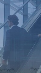 Poster - Animation of financial data and graphs over diverse businessman and businesswoman on escalator