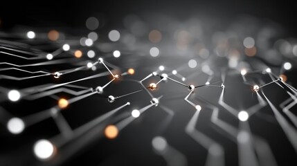 Fototapete - Complex circuitry patterns are highlighted by glowing dots of light against a dark backdrop. The intricate connections create a vibrant display evocative of digital technology.