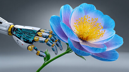 Robotic Arm Touching a Delicate Blue Flower Artificial Intelligence Concept