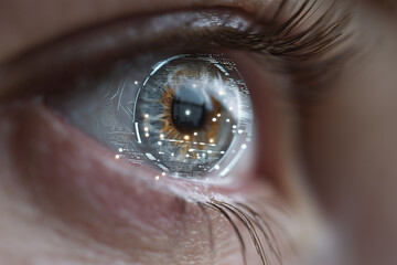 Poster - Close-up of smart contact lenses with AR interface projected in eye reflection, minimal futuristic background