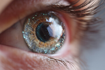 Poster - Close-up of smart contact lenses with AR interface projected in eye reflection, minimal futuristic background