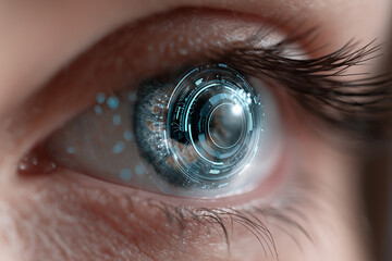 Poster - Close-up of smart contact lenses with AR interface projected in eye reflection, minimal futuristic background