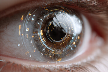 Poster - Close-up of smart contact lenses with AR interface projected in eye reflection, minimal futuristic background