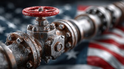 Poster - A detailed industrial valve featuring a prominent red handle is positioned in front of an American flag. The juxtaposition highlights themes of patriotism and engineering.