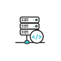 Fototapete - Iconic depiction of a data server and coding symbol.
