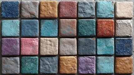 Poster - Small square tiles in various colors and textures are neatly arranged in a grid pattern. The diverse hues create a visually appealing mosaic, perfect for interior design inspiration.