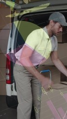 Poster - Animation of statistics and financial data processing over delivery man