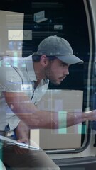Poster - Animation of statistics and data processing over delivery man with clipboard in van
