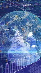Poster - Animation of globe and financial data over navy background