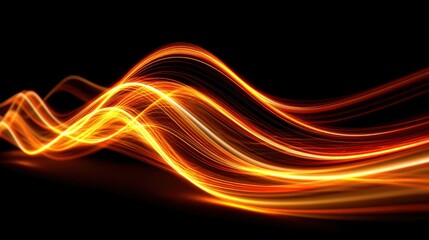 Fototapete - Vibrant waves of orange and yellow light flow smoothly against a black backdrop, showcasing intricate patterns and the beauty of illumination. The light creates a sense of movement and energy.