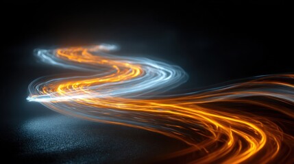 Fototapete - Bright, flowing light trails create a mesmerizing pattern in a dark space, with vibrant orange and blue hues intertwining to evoke a sense of movement and energy.