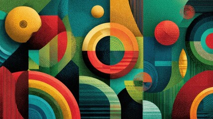 Poster - Bright and colorful geometric shapes interact in a lively arrangement, showcasing circles and lines in vibrant colors, creating a striking abstract art piece.