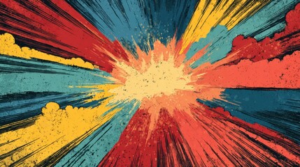Poster - Bright colors explode from a central point, creating an energetic burst that blends reds, yellows, and blues. This dynamic composition conveys excitement and motion in abstract style.