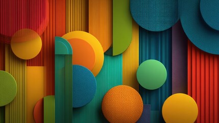 Poster - Vibrant geometric shapes in yellow, green, orange, and blue create an eye-catching composition on a colorful textured background. The arrangement showcases playfulness and creativity.