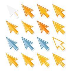Poster - Computer Cursors Arrow Icons Set in White, Orange, Yellow, Blue isolated on Black