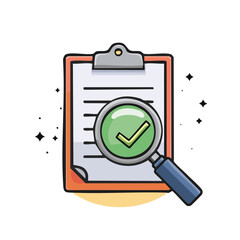Poster - Checklist review with magnifier illustration report document assessment inspection process verification task completion vector design