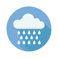 Poster - Rain cloud icon vector illustration of a single cumulus cloud with falling raindrops on a blue background.
