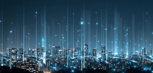 Poster - A panoramic view of the city skyline at night, illuminated by blue lights and digital connections, symbolizing modern technology in urban life Generative AI