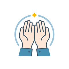 Poster - Praying hands vector illustration with shining star and blue circular detail on black background.