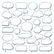 © FryArt - Doodle speech bubbles background. Hand-drawn communication cloud shapes on black backdrop