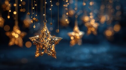 Poster - Golden star decorations hang gracefully against a deep blue backdrop, twinkling with warm lights. This enchanting display embodies the spirit of festive celebrations and joy.