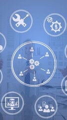 Poster - Composition of network of connections with digital icons over woman using computer