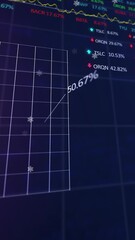 Poster - Animation of white particles over statistical and stock market data processing on blue background