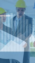 Poster - Animation of graphs and loading bars over diverse engineers wearing helmet discussing bluer print