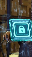Poster - Animation of padlock icon over african american male worker using turret truck in warehouse