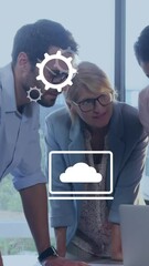 Poster - Animation of digital icons over diverse colleagues discussing together at office