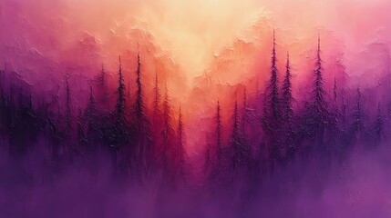 Wall Mural - a stunning, abstract landscape featuring tall pine trees silhouetted against a vibrant sunset gradie
