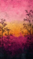 Wall Mural - abstract nature background with vibrant pink, orange, and purple gradient, featuring silhouetted tre