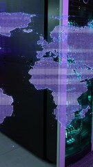 Poster - Animation of glitch technique in map over illuminated server rack in server room