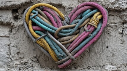 Aufkleber - A vibrant heart sculpture crafted from various colored wires is affixed to a rough concrete wall. The warm hues contrast beautifully with the gray texture of the surroundings.