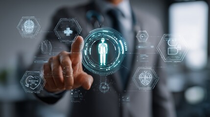 Poster - business professional using a futuristic holographic display for telemedicine, with icons of virtual
